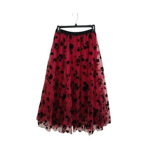 ChicWish  Womens S Red Black Floral Tulle Flocked Lined Midi Skirt Gothic Ballet